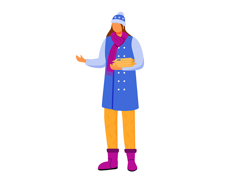 Woman in winter clothes receives parcel flat color vector illustration