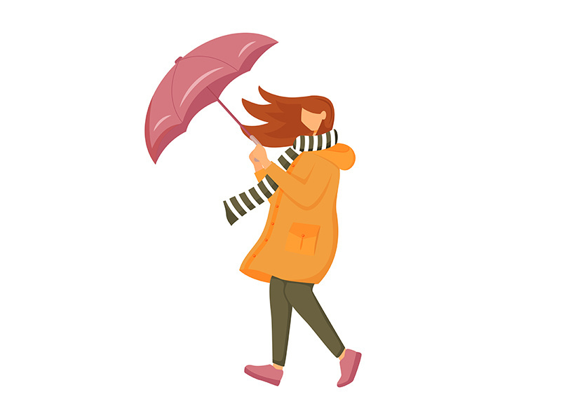 Woman in orange raincoat flat color vector faceless character