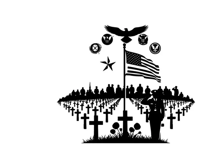 Memorial silhouette of soldier saluting american flag at cemetery