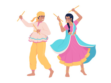 Couple performing indian dance with sticks semi flat color vector characters preview picture