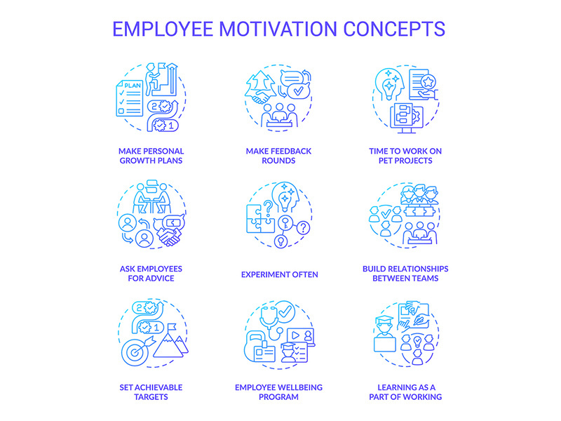 Employee motivation blue gradient concept icons setEmployee motivation blue gradient concept icons set