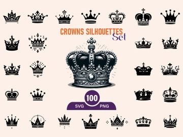 Royal Crown Silhouette, Retro King Crown Icons. preview picture