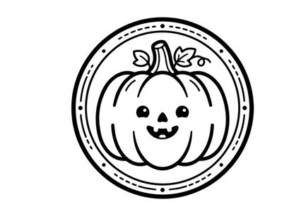Hand-drawn Halloween jack-o-lantern sticker with smiling face. Cute cartoon pumpkin illustration for festive decorations and digital designs.