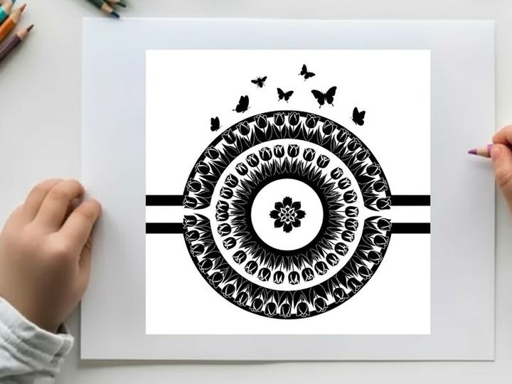 Silhouette of a mandala design with butterflies and floral patterns in black
