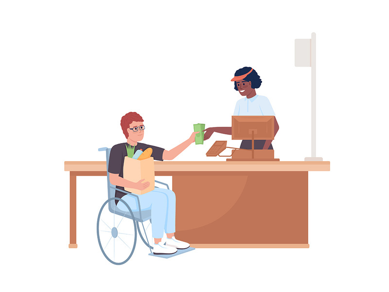 Disabled person at supermarket semi flat color vector characters