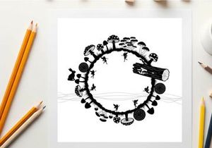 Whimsical silhouette of a forest scene with mushrooms and insects