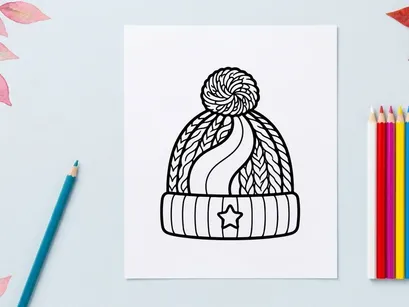 Winter knit beanie hat with pom pom and star icon, black and white coloring page design.