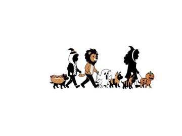 Silhouette of people walking with various dogs in a line preview picture