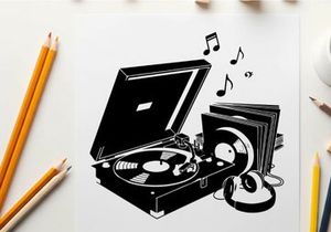 Vinyl record player silhouette with music notes and headphones