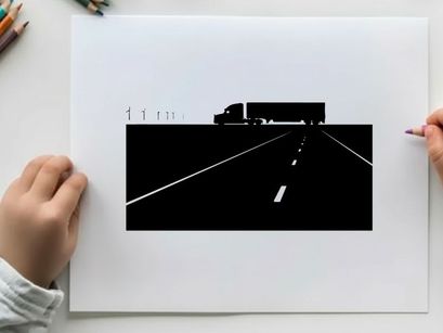 Silhouette of a semi truck driving down a highway at night
