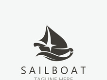 Sailboat vintage logo minimalist with wave, travel yacth or sailing boat vector design template