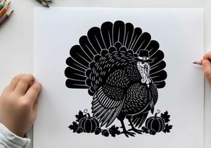 Black and white silhouette of a turkey with pumpkins and leaves