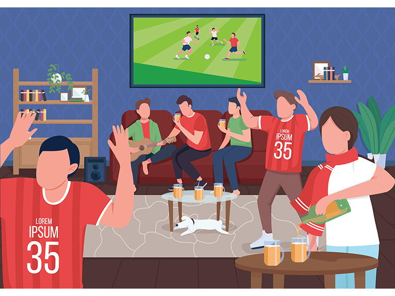 Watching football game with friends flat color vector illustration