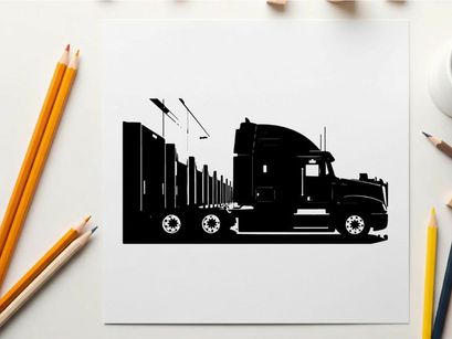 Silhouette of a large black truck with trailer silhouette