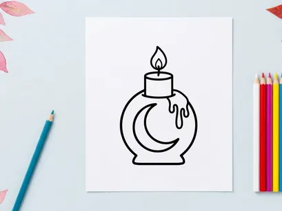 Hand-drawn Halloween oil diffuser with lit candle. Spooky aromatherapy bottle for festive home decor and relaxation.