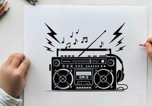 Retro boombox silhouette with music notes and headphones