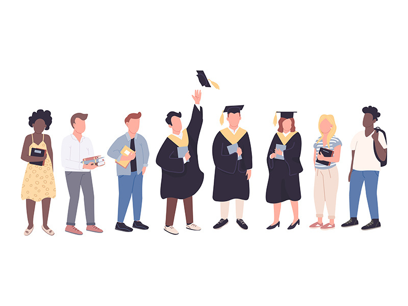 College graduates and freshman students flat color vector faceless characters set
