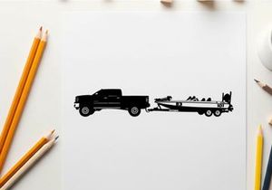 Silhouette of a pickup truck towing a boat trailer