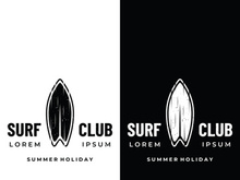 Vintage surfboard logo,surfing on summer beach.For business,badge,holiday, ,label,emblem.