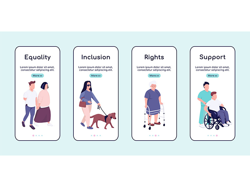 Disabled people equality and support onboarding mobile app screen flat vector template