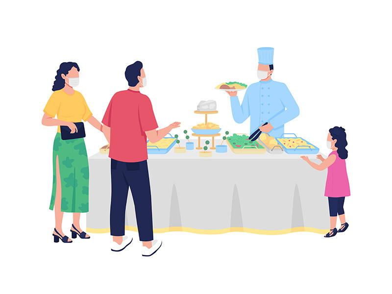 Buffet-style reception flat color vector faceless characters
