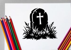 Silhouette of a gravestone with cross in a grassy cemetery scene