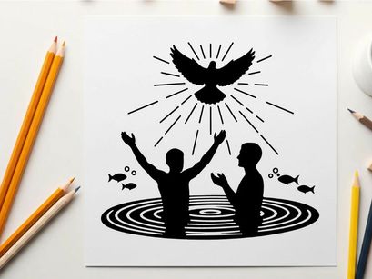 Silhouette of dove descending upon two figures in water silhouette