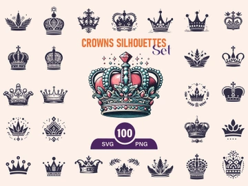 Royal Crown Silhouette, Retro King Crown Icons. preview picture