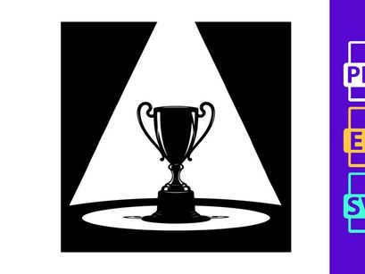 A shining trophy cup on a pedestal under a spotlight beam in darkness