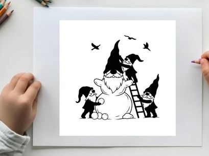 Gnomes building a snowman silhouette in winter wonderland scene