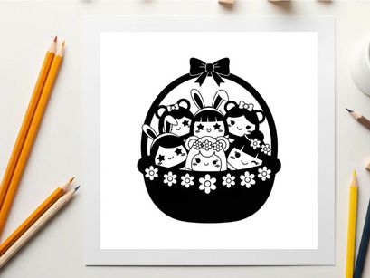 Silhouette of sanrio characters in easter basket with flowers and bow