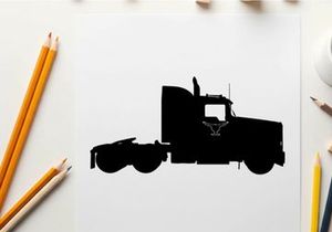Silhouette of a semi truck against a white background