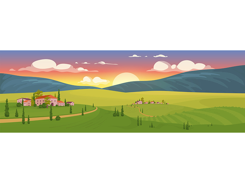 Summer sunrise in village flat color vector illustration
