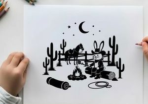 Desert night silhouette cowboy bunny by campfire under starry sky with silhouette