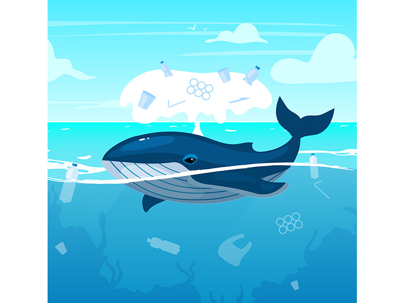 Whale in ocean with plastic waste flat vector illustration