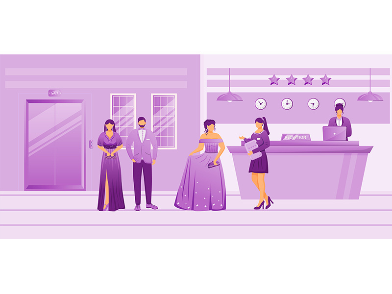 Hotel guests in waiting area flat vector illustration