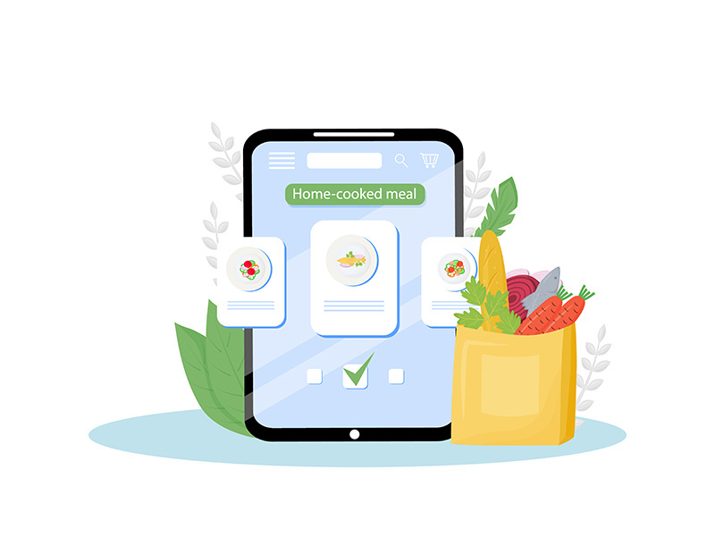 Home-cooked meals online order mobile application flat concept vector illustration