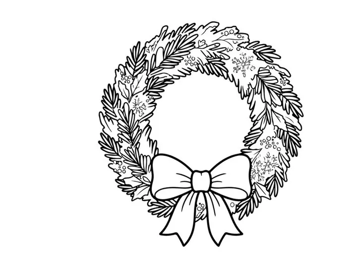 Hand-drawn white fur Christmas wreath with silver bow for festive holiday decor
