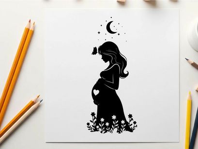 Pregnant woman silhouette under crescent moon and stars