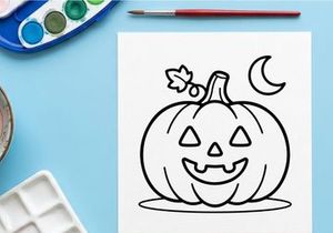 Hand-drawn Halloween jack-o-lantern smiling with stars. Cute cartoon pumpkin face illustration for festive autumn decor.