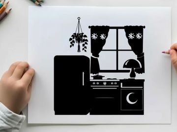 Silhouette of kitchen with orange appliances and black curtains preview picture