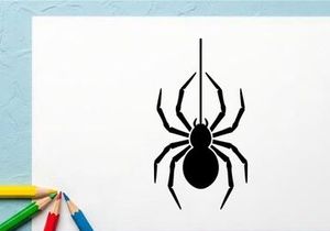 Black spider hanging from a thin thread in minimalistic style
