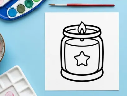 Burning candle in a glass jar icon. Simple line art illustration of a scented candle.