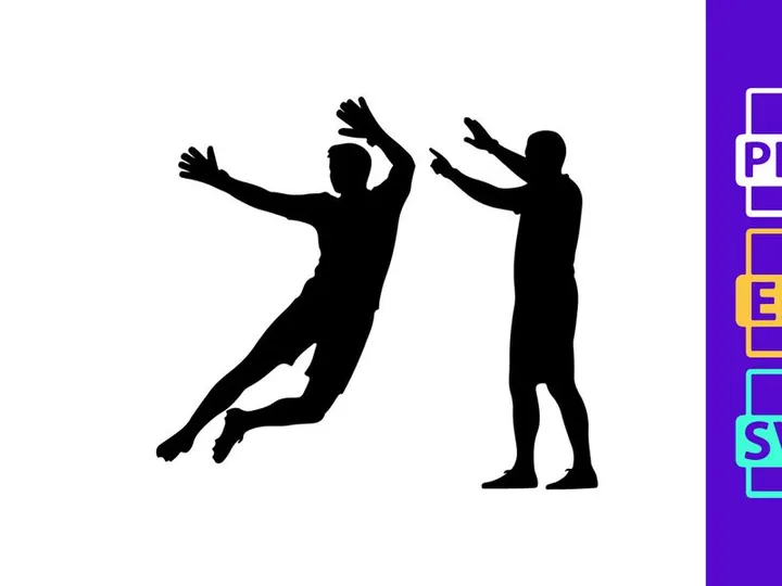 Two black silhouettes of men playing volleyball in mid air and standing