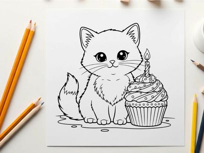 Cute white kitten with birthday cupcake vector illustration