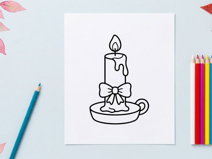 Hand-drawn Halloween candle in a cup with melting wax. Spooky holiday tea light illustration for festive decor and invitations.