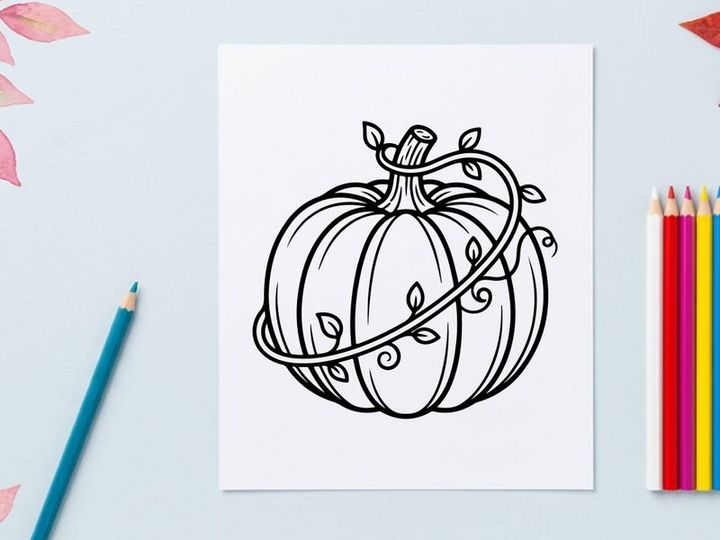 Decorative pumpkin with vines for autumn decor. Elegant fall centerpiece for seasonal celebrations.