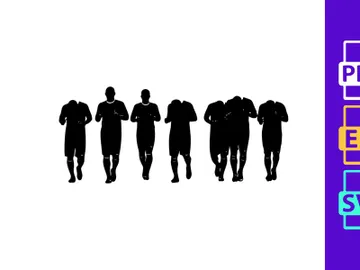Seven silhouetted male athletes running in unison on a plain background preview picture