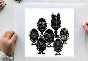 Easter eggs silhouette decorated with ribbons and bows on stands