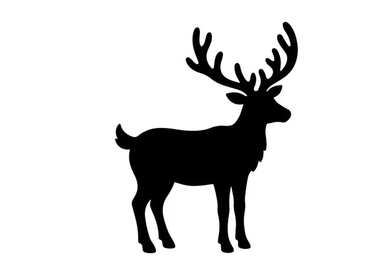 Black silhouette of a reindeer with large antlers isolated on a white background